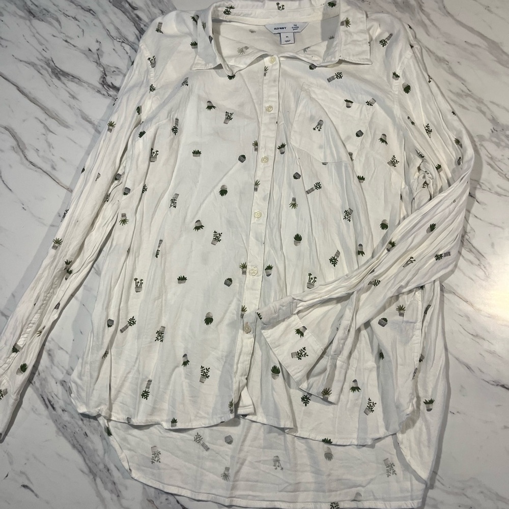 White Button-Up Shirt with Green Embroidery